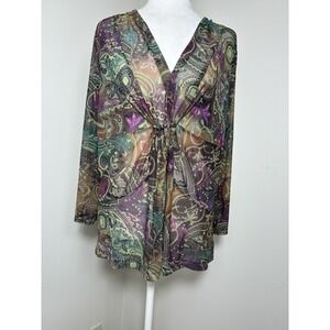 August Silk Y2K Babydoll Long Sleeve Sheer Top Sz‎ L Boho Paisley Fairy